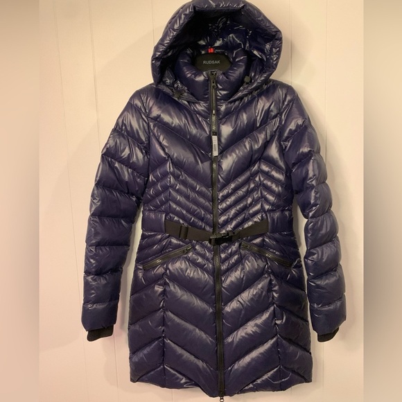 NWT $1195 RUDSAK duck down Quilted shell hooded jacket /belted coat Women Navy - Picture 6 of 11